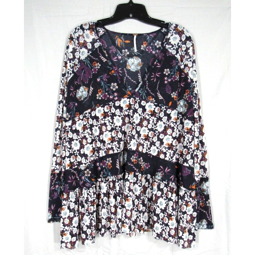 FREE PEOPLE Isabelle NAVY/MULTI FLORAL Chiffon V-NECK Babydoll Tunic Top Sz S